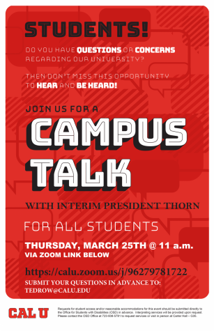 Cal U students invited to attend Campus Talk with Interim President Robert J. Thorn on Thursday at 11 a.m.