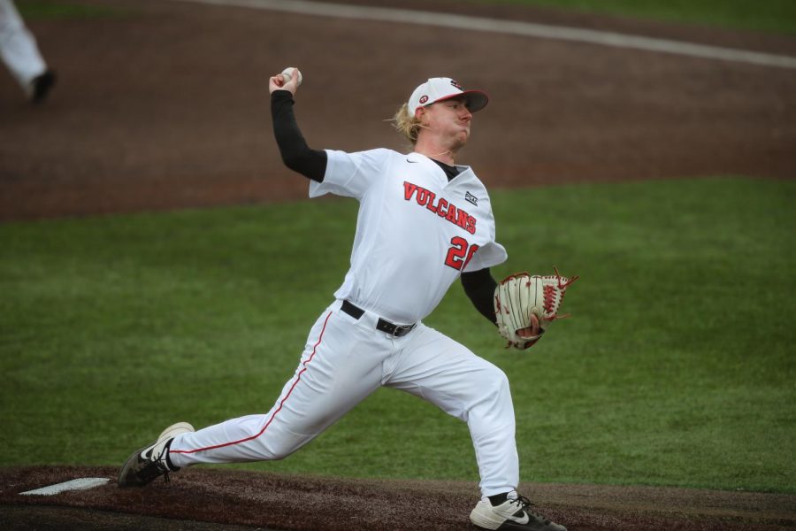 Cal U senior Nick Riggle pitches in the first game of a doubleheader against Seton Hill, Wild Things Park, Washington, Pa., April 30, 2021.