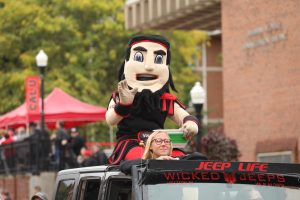 (FILE Oct. 12, 2019) Vulcan mascot Blaze rides in the 70th annual California University of Pennsylvania Homecoming Parade