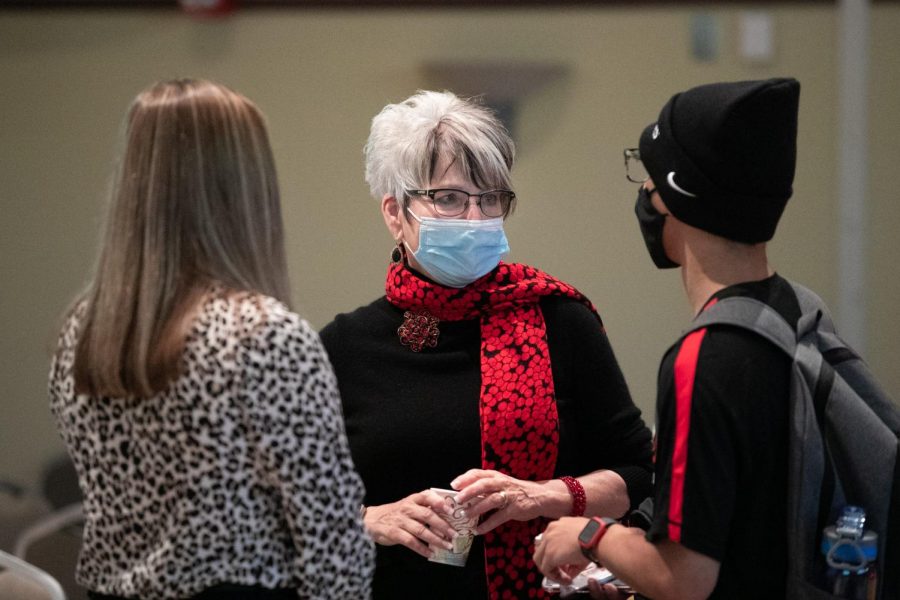 Cal U Interim President Dr. Dale-Elizabeth Pehrsson talks with Caitlyn Urban, student government president, and Jahneek Fant, SAI board member, at the Dr. Dale Student Meet & Greet event in the Natali Performance Center, Oct. 19, 2021