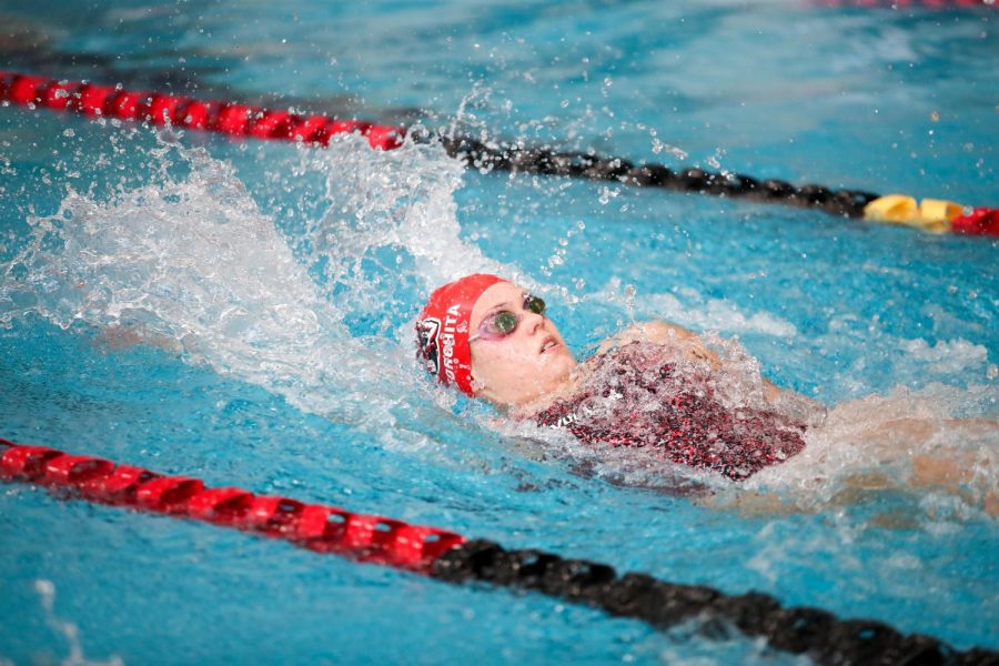 Cal+U+sophomore+Antonia+Gheorghita+wins+the+100+yard+backstroke+by+over+three-tenths+of+a+second+with+a+time+1+minute%2C+3.68+seconds+at+the+tri-meet+versus+Frostburg+State+and+Davis+%26+Elkins%2C+Hamer+Hall%2C+Oct.+23%2C+2021.