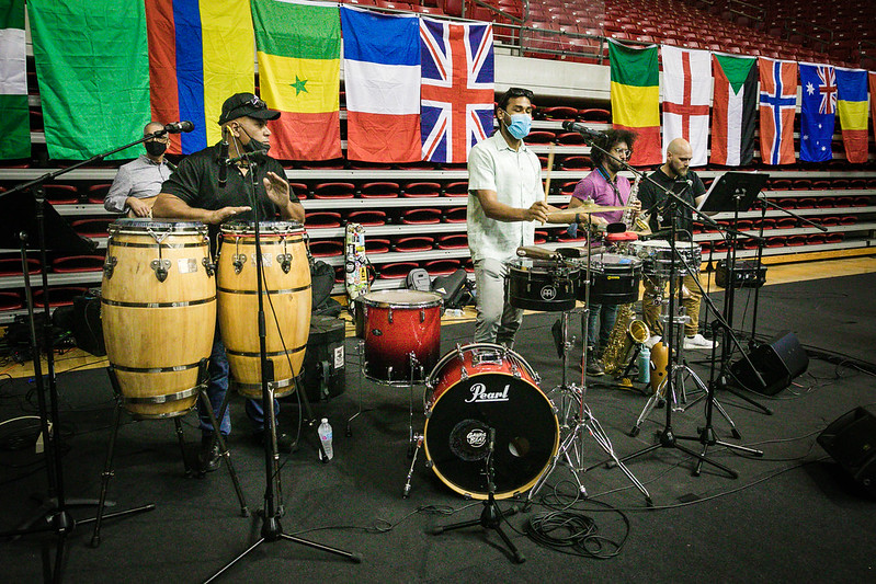 Gavas Beat Latin Band performing in the Cal U Convocation Center during the annual Liberal Arts festival, Oct. 5, 2021.