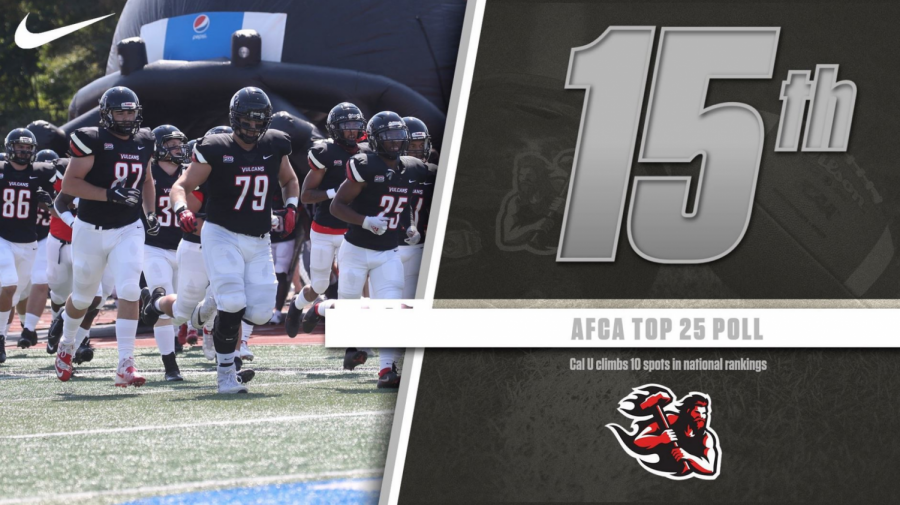 After posting a shutout vs Mercyhurst on Oct. 2, the California University of Pennsylvania football team vaulted 10 spots to No. 15 in the American Football Coaches Association (AFCA) Top 25 poll on Monday, Oct. 4, 2021
