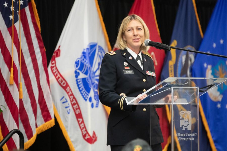 Lt. Col. Jaclyn Sickles, a 2003 graduate of Cal U, addressed current and former members of the military, their families, and other guests at the 48th annual Veterans Day Luncheon at Cal U, Convocation Center, Nov. 10, 2021