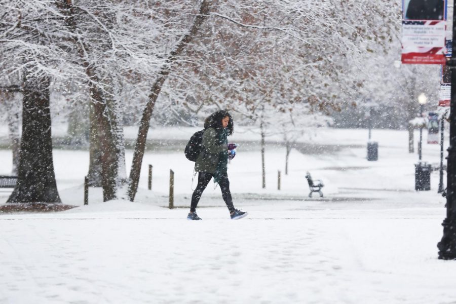FILE: Finals week at Cal U.  Snow falls over the campus quad on Tuesday afternoon, Dec. 13, 2016. 