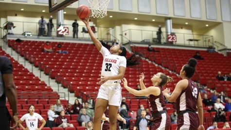 Cal Us Dejah Terrell drives to the basket for two of her game-high 33 points in the Vulcans 96-66 win over Fairmont State, Nov. 18, 2021