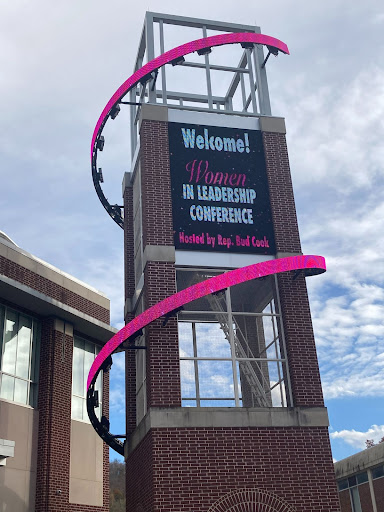 The digital display on Cal Us Convcation Center welcomes guests to the Women in Leadership Conference, Nov. 4, 2021.