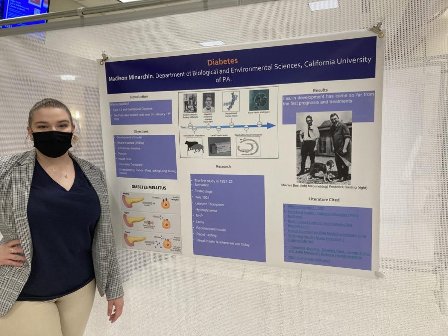 Cal U freshman Madison Minarchin presented her research poster on the topic of, “The Evolution of Diabetes and Insulin at Cal Us Fall Creative Works and Research event, Nov. 16-20, 2021.