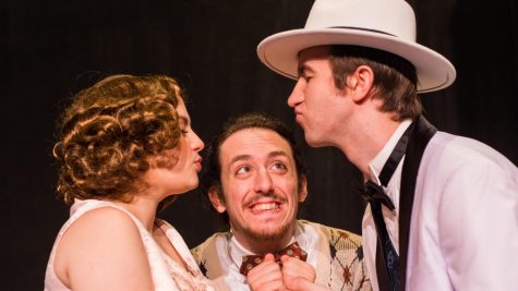 Man in Chair, played by Elijah Gilbert (center), anticipates the marriage of Janet Van de Graaff, played by Amanda Peters (left), and Robert Martin, played by Shane Callahan.
