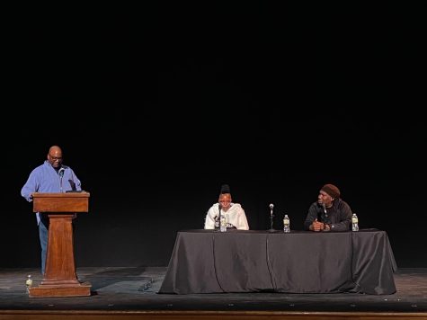 Image from the Thursday, April 28th, event. (From left) far left Cal U professor Anthony Carlisle, then Howard university professor Cindy Spencer, and rapper KRS One.
