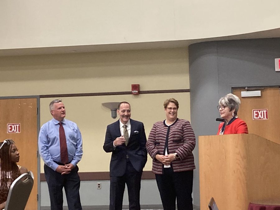 Image from Monday, Aug. 29, 2022 SGA Meeting. PennWest Administration (from left) VP Larry Sebek, Tony Mauro, Dr. Fenske, and Dr. Dale.