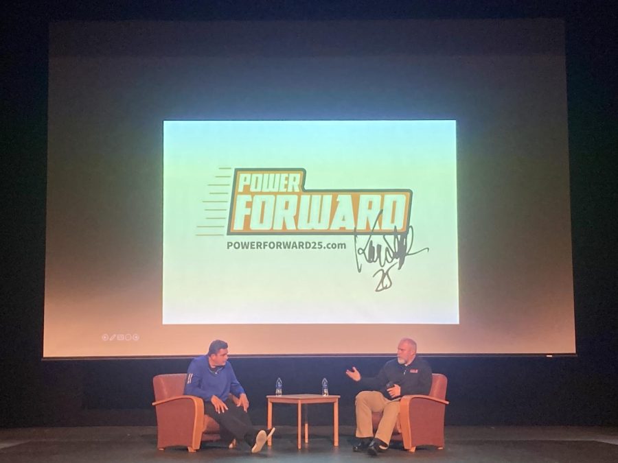 Two Time Stanley Cup Champion, Kevin Stevens, speaking with STAND Campus Minister, Pete Ware.