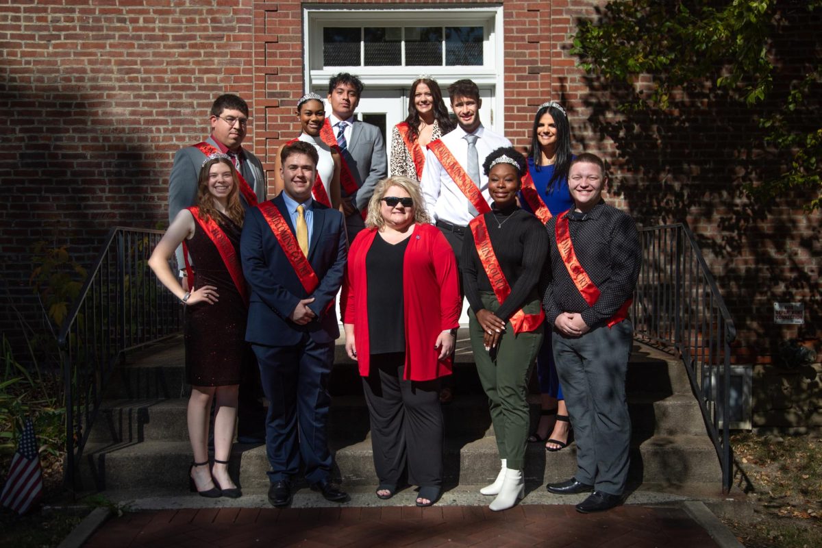 The 2023 PennWest California Homecoming Court (front row from left) Sarah Seader, Jonathan Sape, Interim University President Dr. Laurie Bernotsky, Sierra Everett, Darrek Harshberger, (second row from left) Jonathan Sakaguchi, Bria Allen, Gavin Wingard, Taylor Christopher (last row from left) Sebastian Ramos and Elizabeth Shelly