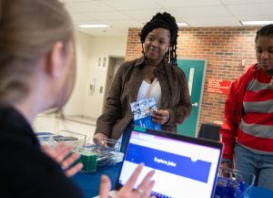 Briea Howard, left, a senior psychology major, and Jamari Reeves, a junior biology major, attend the Spring 2024 PennWest California's student athlete career fair.