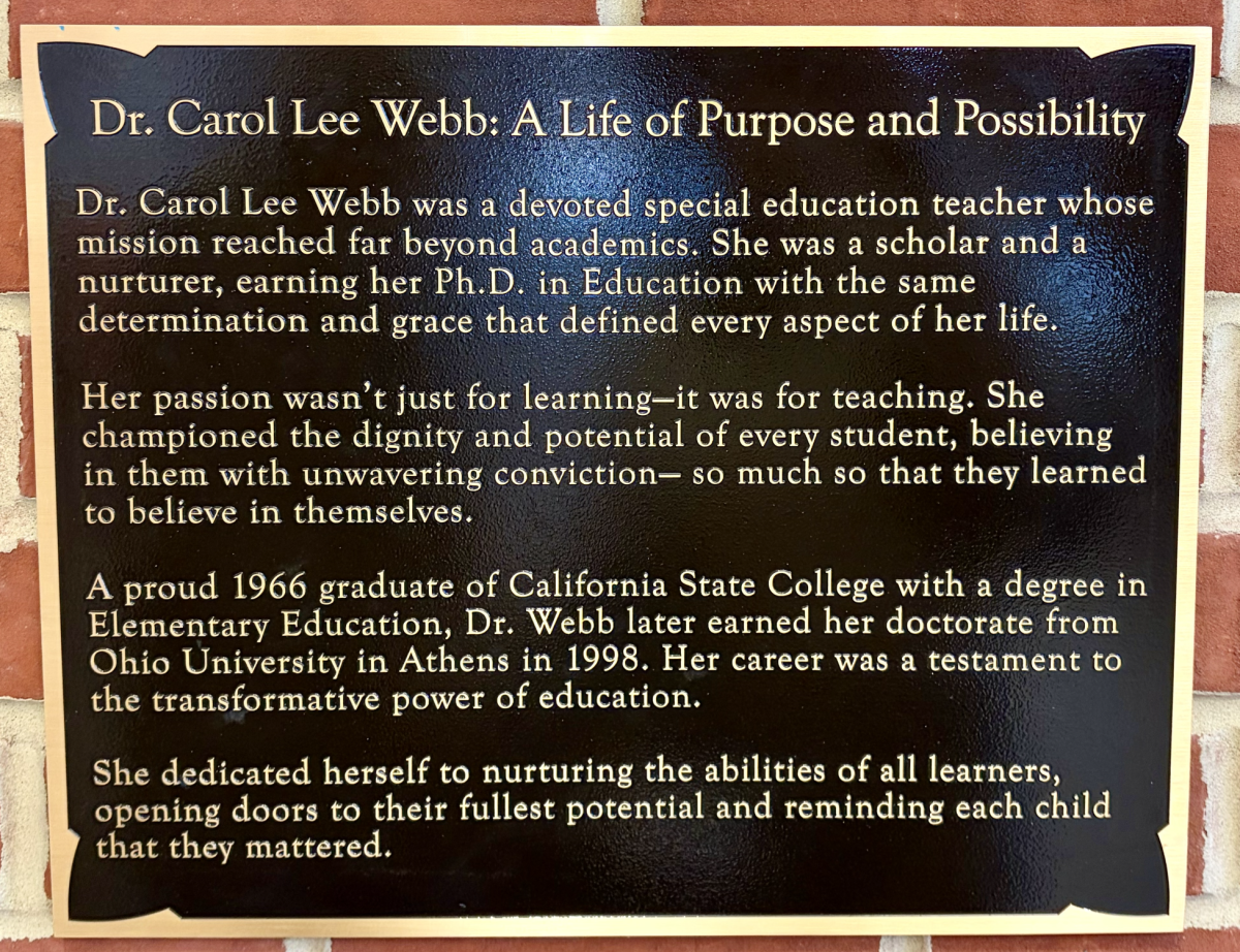 Plaque display in Duda Hall dedicated to Dr. Carol Lee Webb