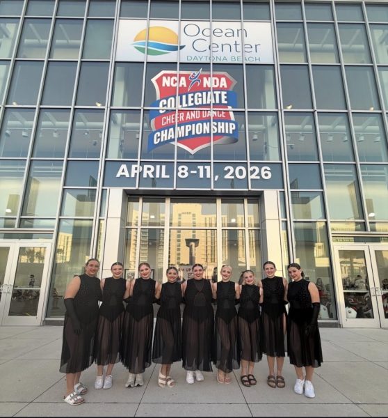 The Vulcan Dance Team posing as a group in-front of the Ocean Center, preparing for their Jazz performance at 8 PM on Thursday, April 9 2026