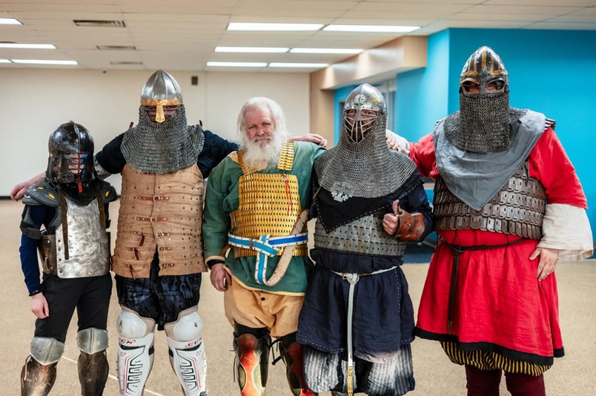 SCAdian warriors at PennWest California (from left to right): Aspen Mark, Willhelm (Jacob Karfonta), Sven, Lothar, and Bjorn (George Cole-Hough)